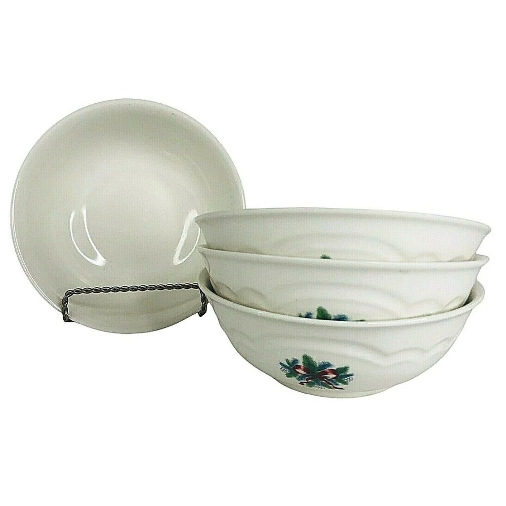 4 Pfaltzgraff Red Ribbon Cereal Bowls Soup Stoneware Christmas Holiday Set VTG‎